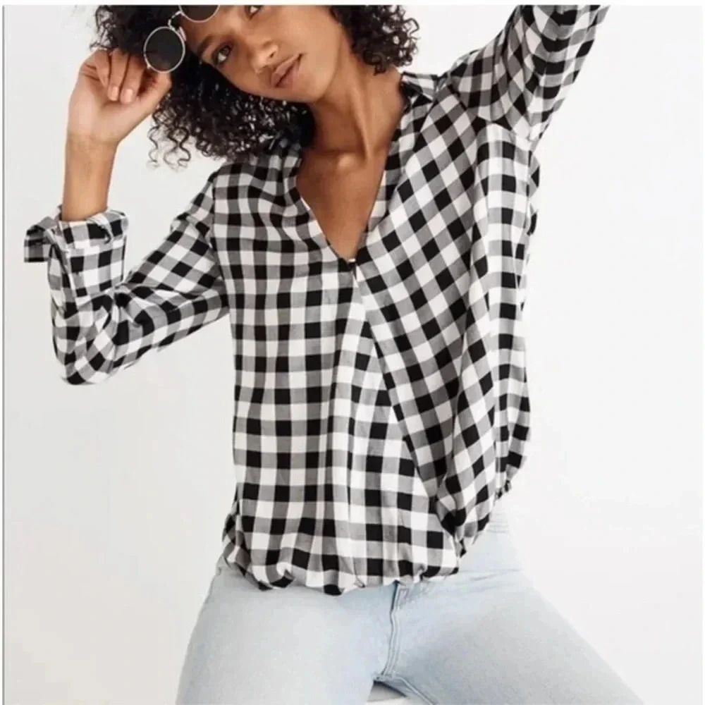 Madewell | Black & White Plaid Buffalo Check Long Sleeve Blouse Size XXS